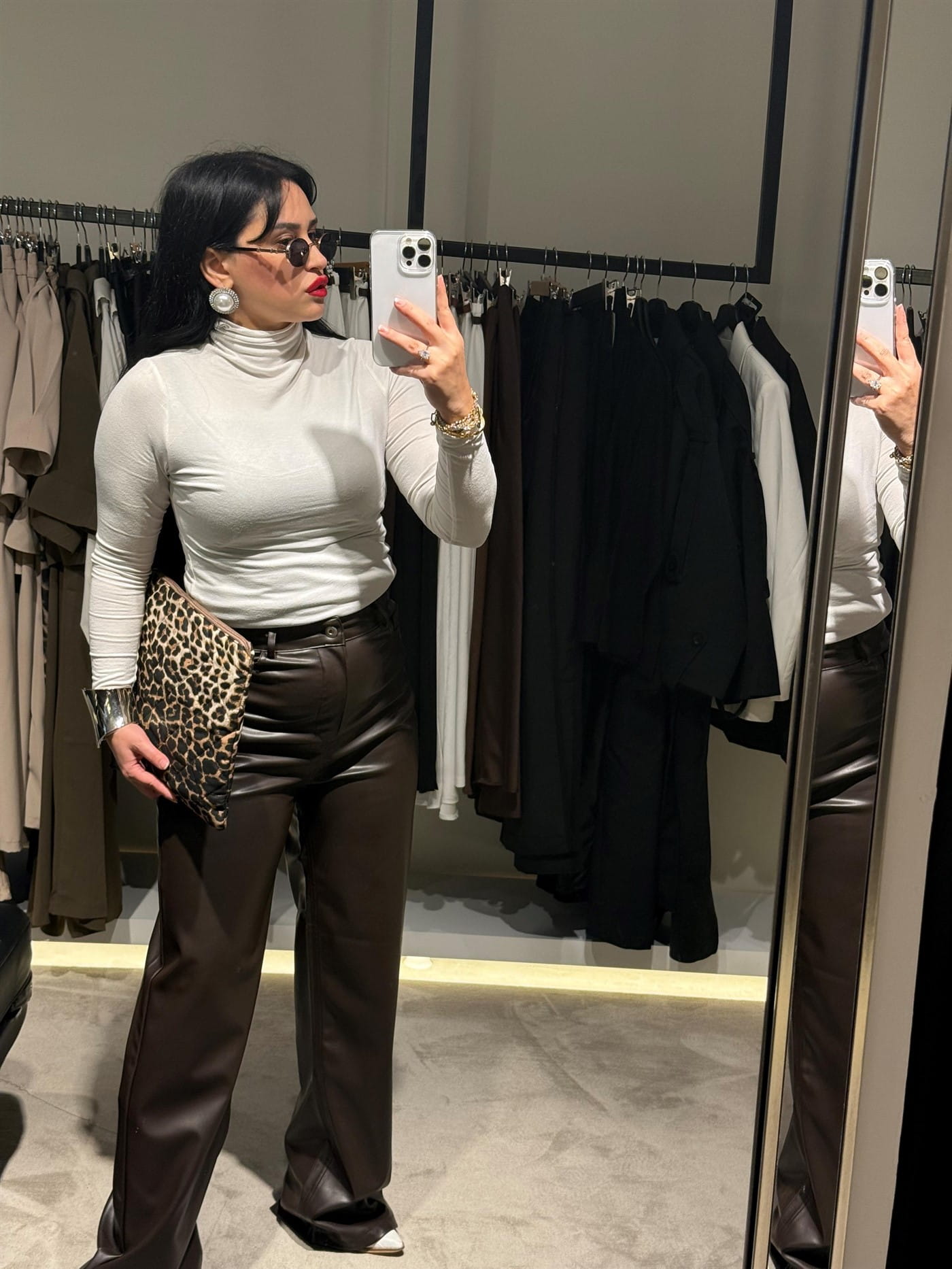 Acı kahveyüksek bel deri pantalon